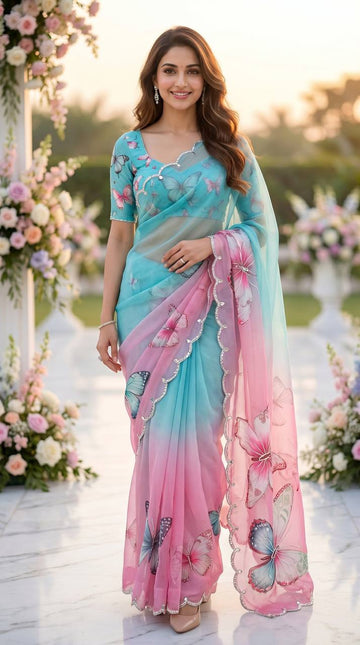 Pastel Dream Butterfly Soft Tabby Saree with 3D Digital Print & Khatali Handwork
