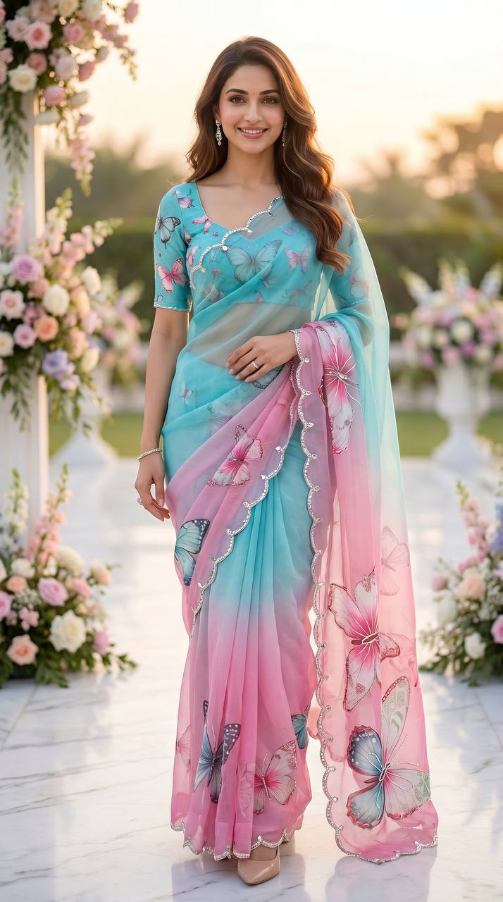 Pastel Dream Butterfly Soft Tabby Saree with 3D Digital Print & Khatali Handwork