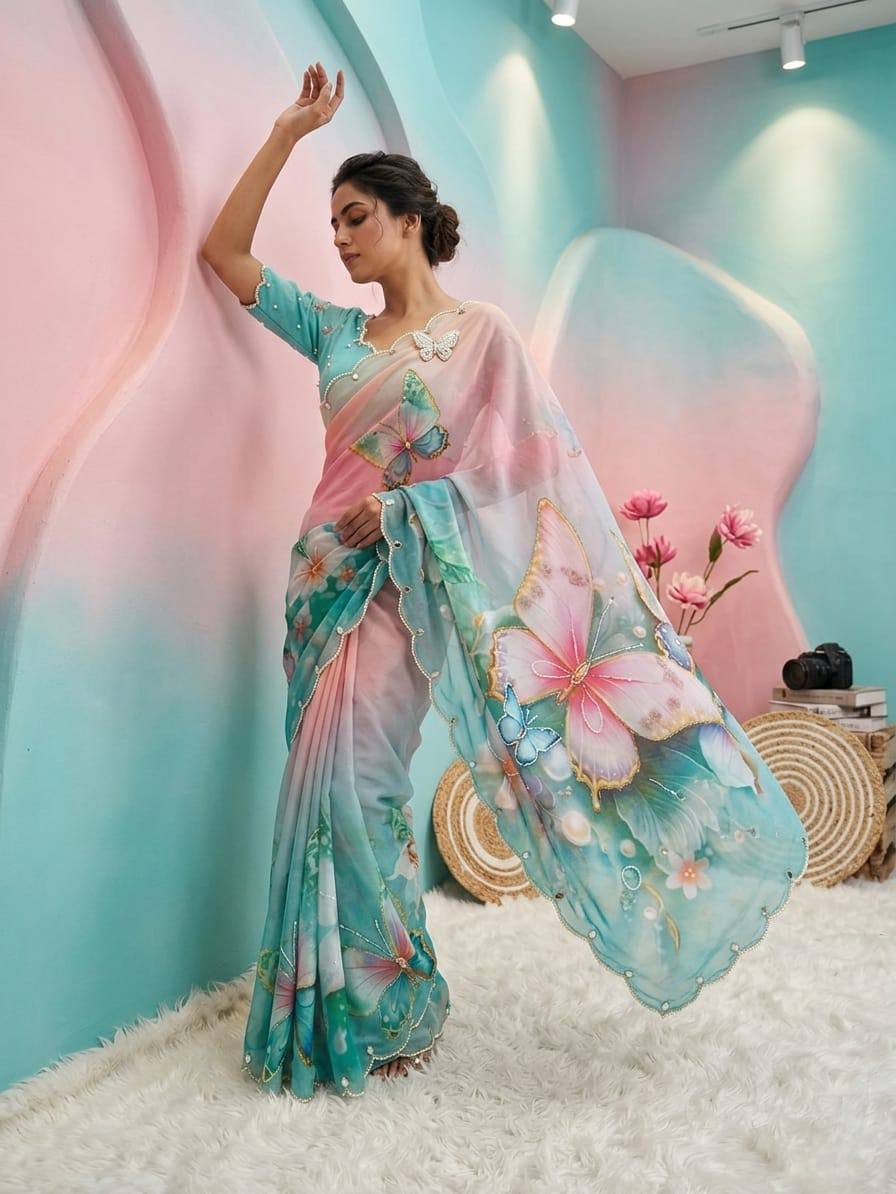 Pastel Dream Butterfly Soft Tabby Saree with 3D Digital Print & Khatali Handwork