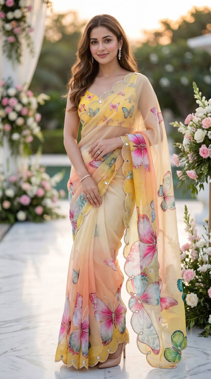 Sunshine Bloom Butterfly Soft Tabby Saree with 3D Digital Print & Mirror Handwork