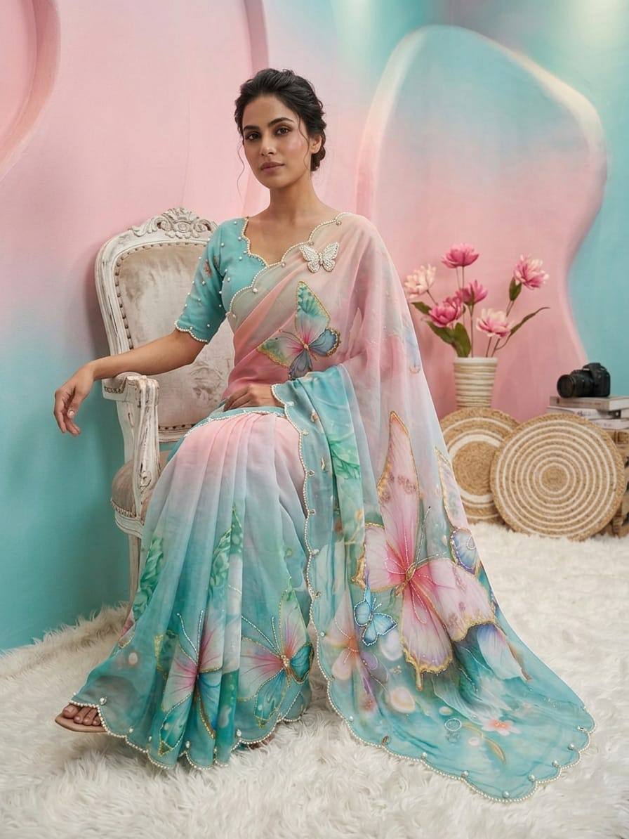 Pastel Dream Butterfly Soft Tabby Saree with 3D Digital Print & Khatali Handwork