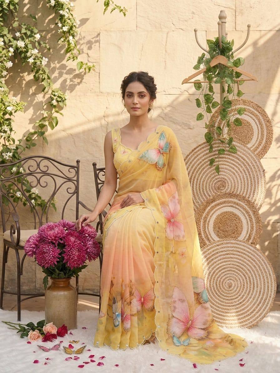 Sunshine Bloom Butterfly Soft Tabby Saree with 3D Digital Print & Mirror Handwork