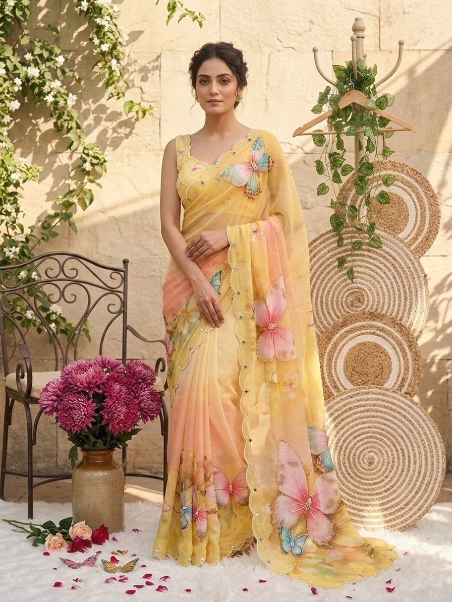 Sunshine Bloom Butterfly Soft Tabby Saree with 3D Digital Print & Mirror Handwork