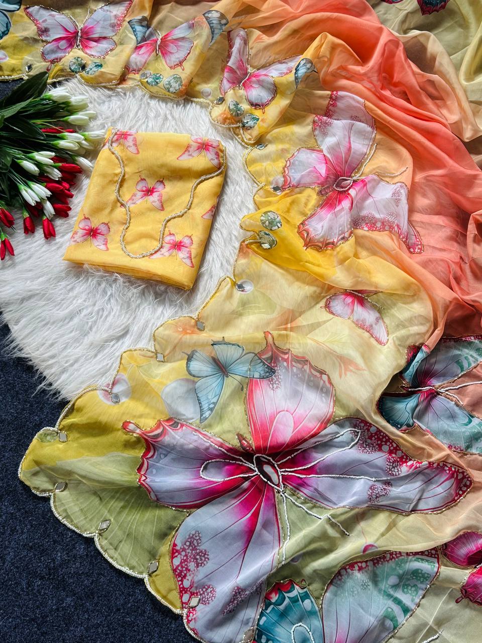 Sunshine Bloom Butterfly Soft Tabby Saree with 3D Digital Print & Mirror Handwork
