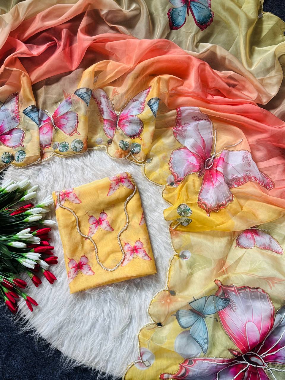 Sunshine Bloom Butterfly Soft Tabby Saree with 3D Digital Print & Mirror Handwork