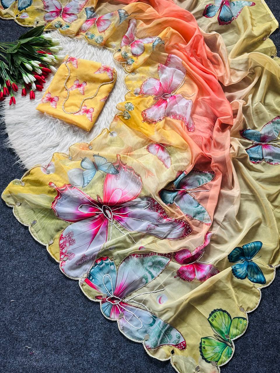 Sunshine Bloom Butterfly Soft Tabby Saree with 3D Digital Print & Mirror Handwork