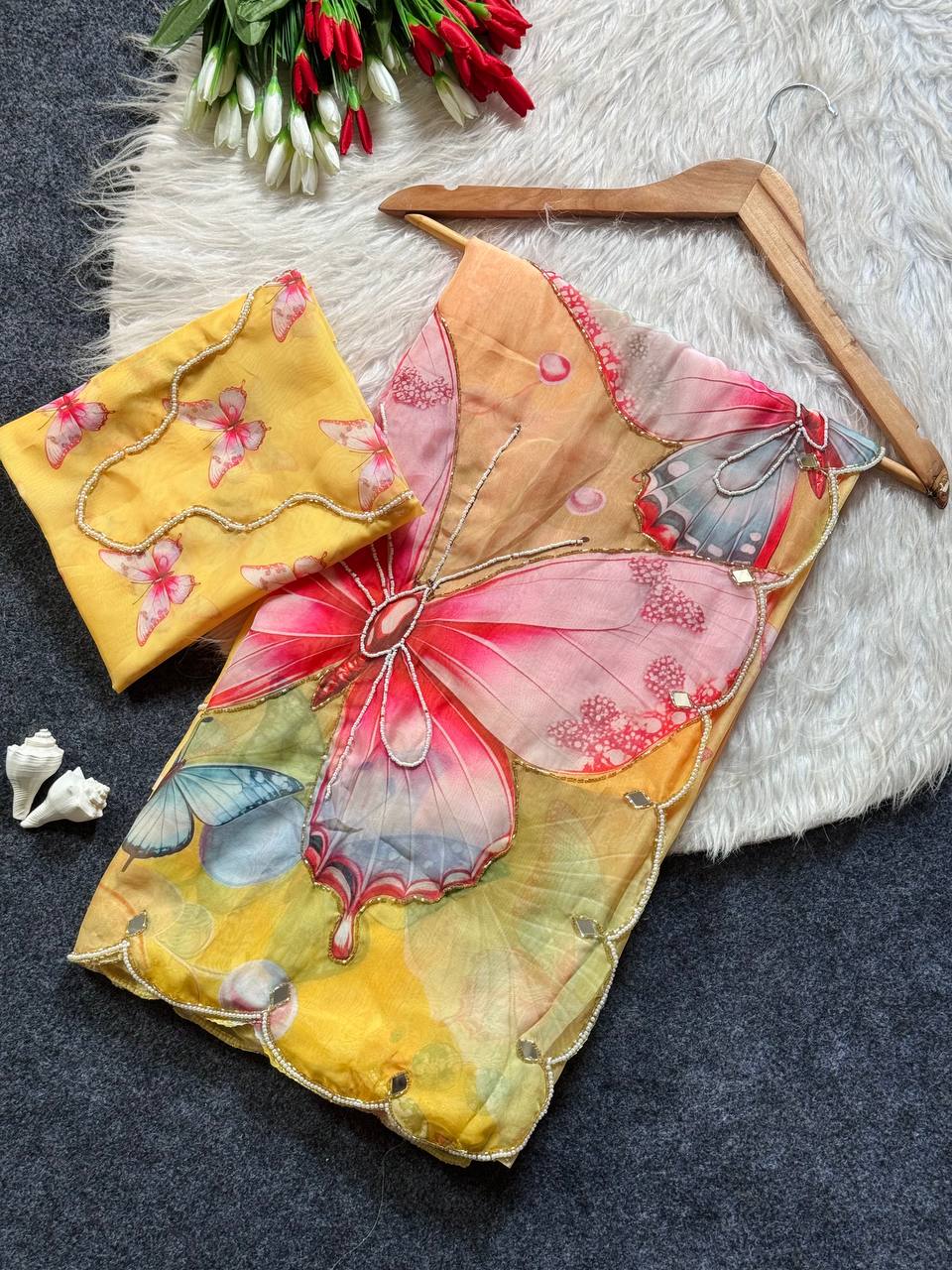 Sunshine Bloom Butterfly Soft Tabby Saree with 3D Digital Print & Mirror Handwork