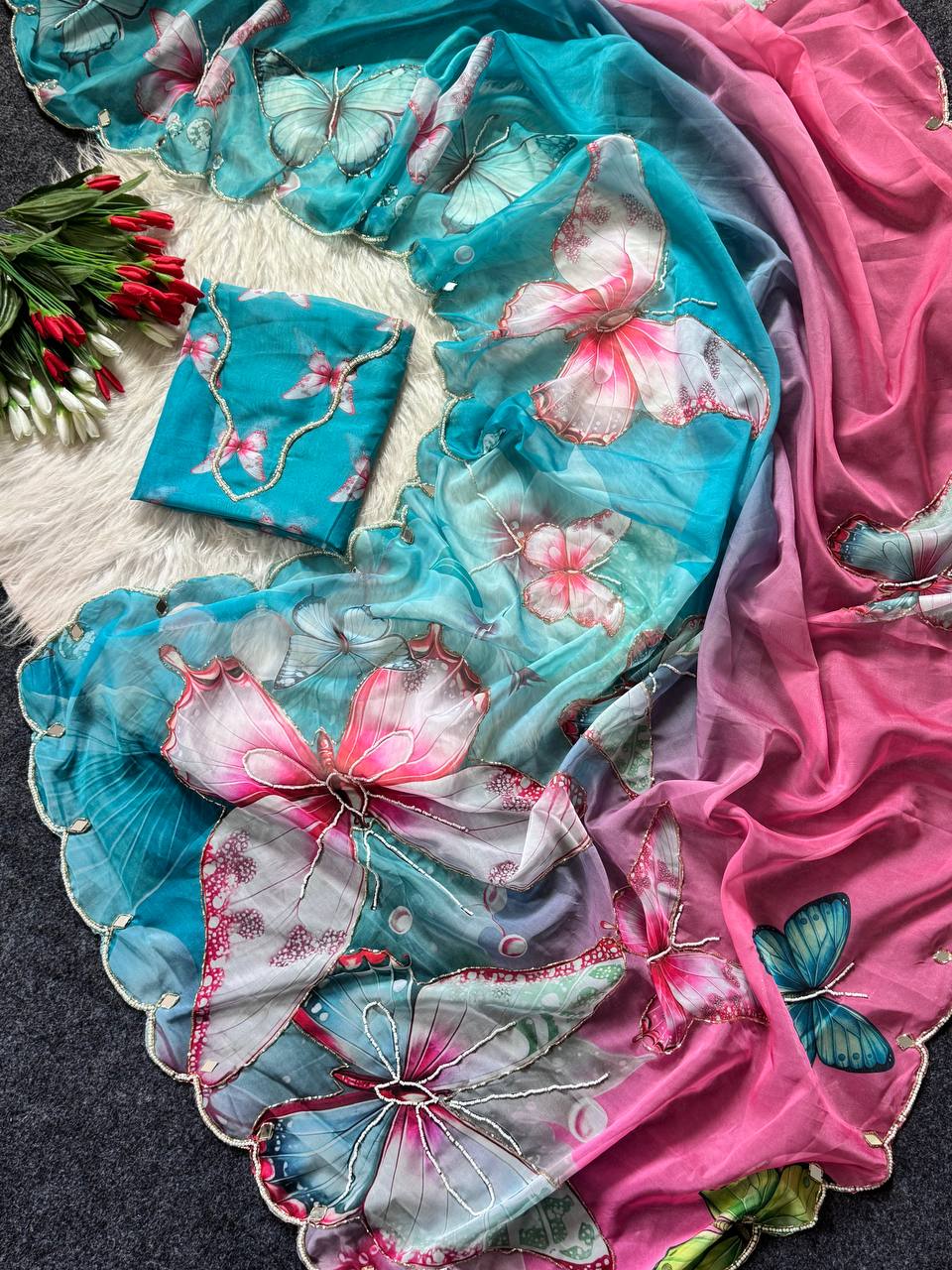 Pastel Dream Butterfly Soft Tabby Saree with 3D Digital Print & Khatali Handwork