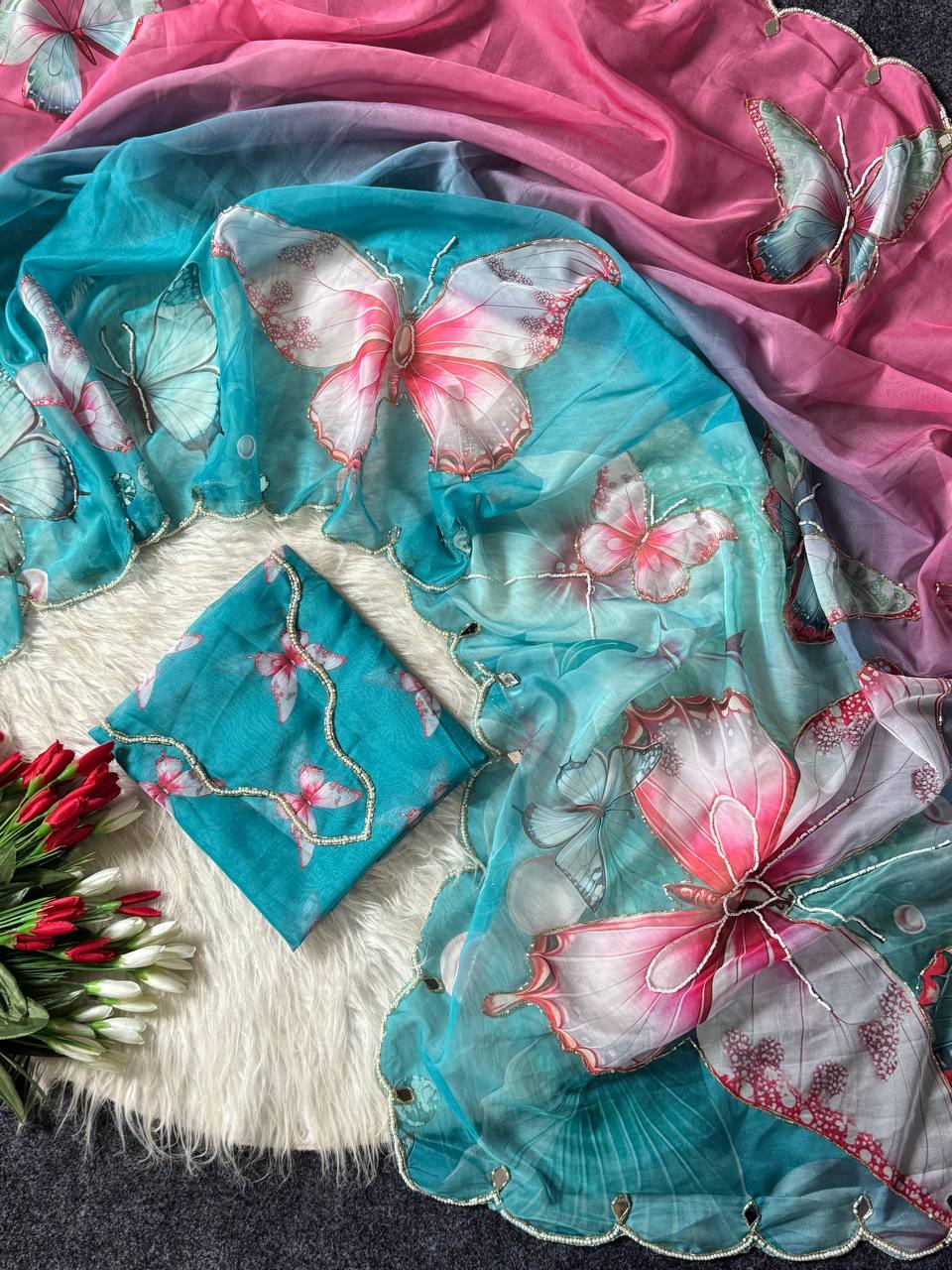 Pastel Dream Butterfly Soft Tabby Saree with 3D Digital Print & Khatali Handwork