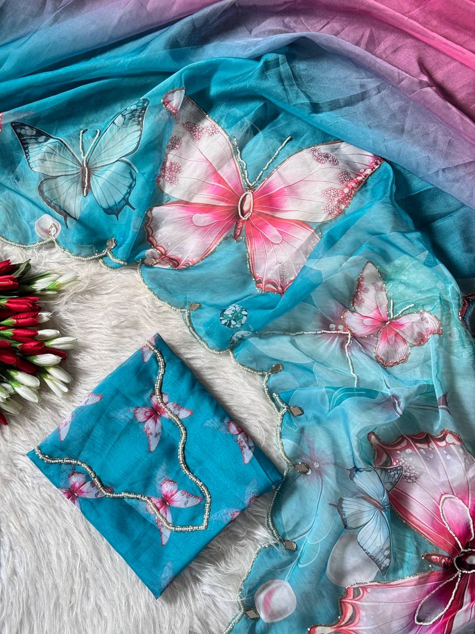 Pastel Dream Butterfly Soft Tabby Saree with 3D Digital Print & Khatali Handwork