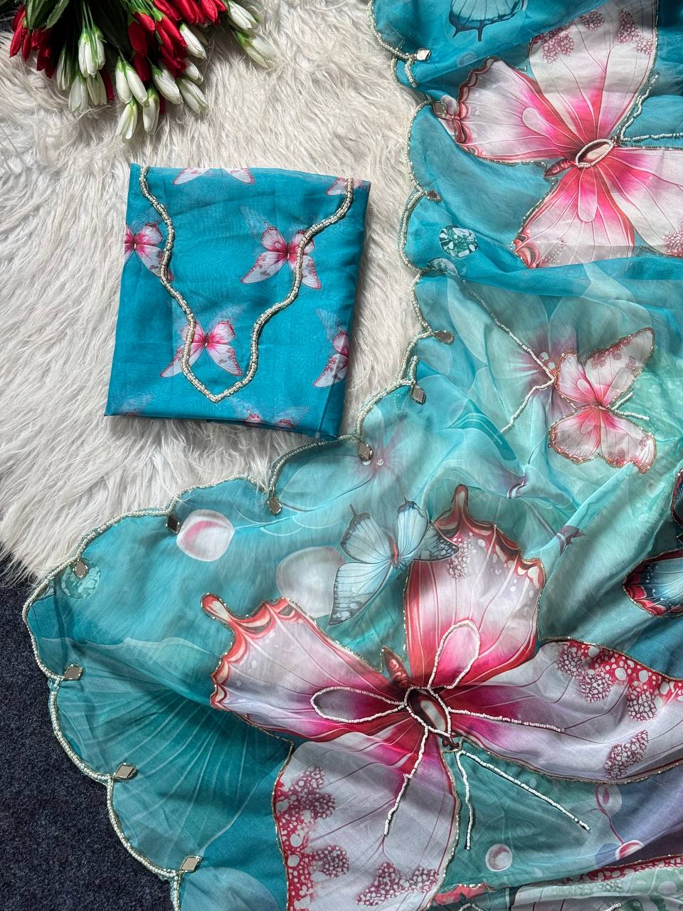 Pastel Dream Butterfly Soft Tabby Saree with 3D Digital Print & Khatali Handwork