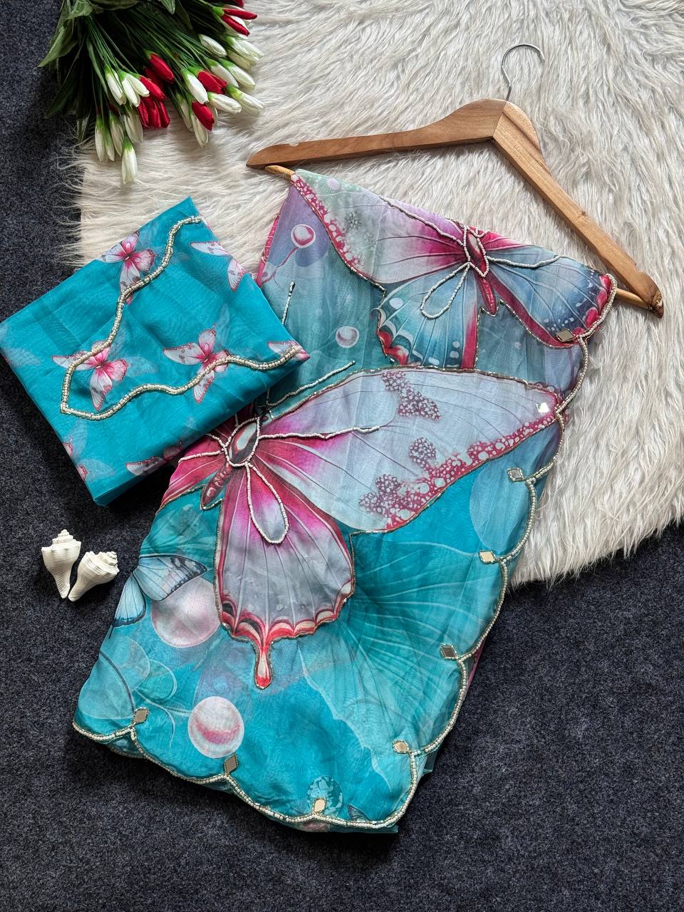 Pastel Dream Butterfly Soft Tabby Saree with 3D Digital Print & Khatali Handwork