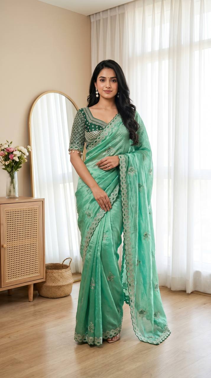Mint Green Soft Fandy Satin Saree with Lotus Embroidery & Ready-Made Mirror Work Blouse