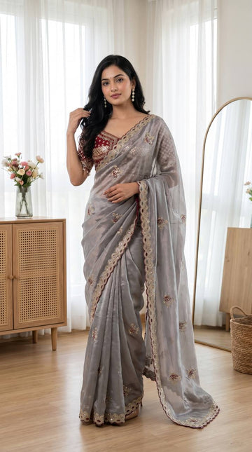 Party Wear Saree Trending Grey with Mirror Work Blouse