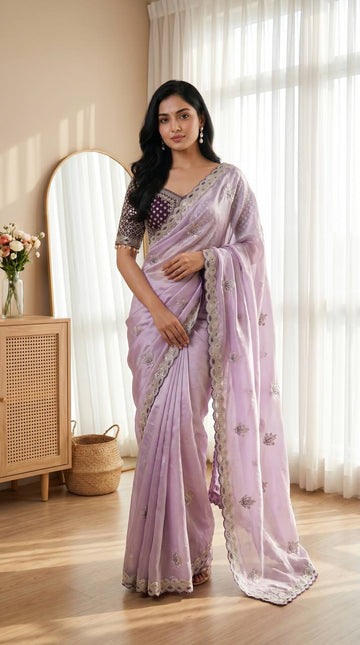Lavender Ready Made Mirror Blouse with Designer Cut Border Saree