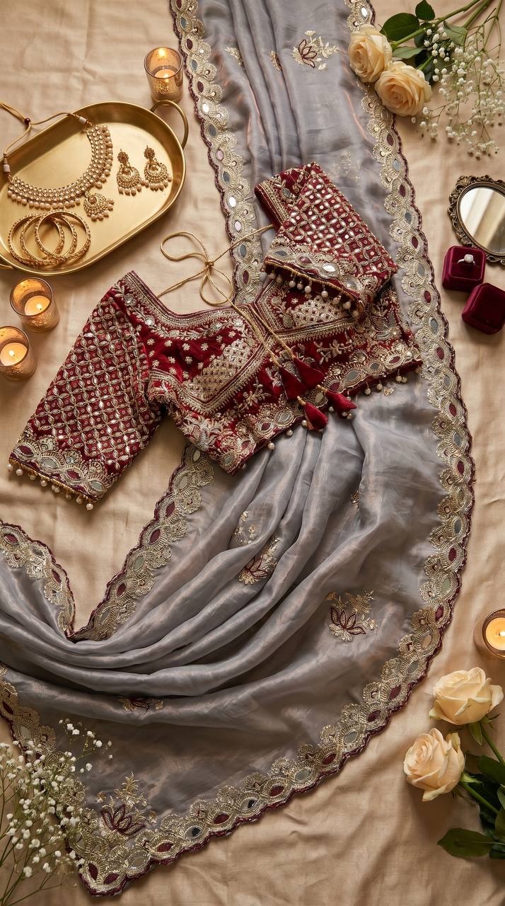 Party Wear Saree Trending Grey with Mirror Work Blouse