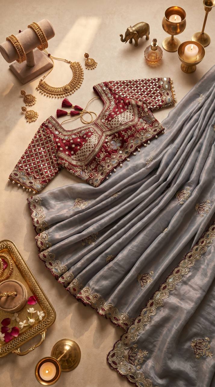 Party Wear Saree Trending Grey with Mirror Work Blouse