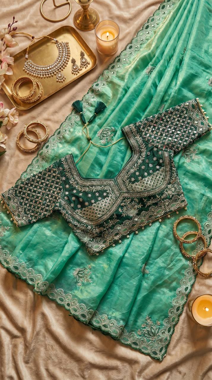 Mint Green Soft Fandy Satin Saree with Lotus Embroidery & Ready-Made Mirror Work Blouse