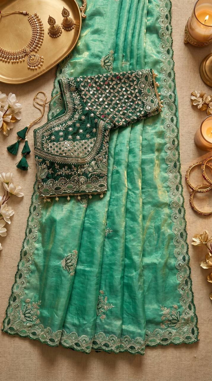 Mint Green Soft Fandy Satin Saree with Lotus Embroidery & Ready-Made Mirror Work Blouse
