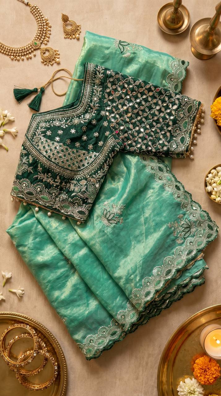 Mint Green Soft Fandy Satin Saree with Lotus Embroidery & Ready-Made Mirror Work Blouse