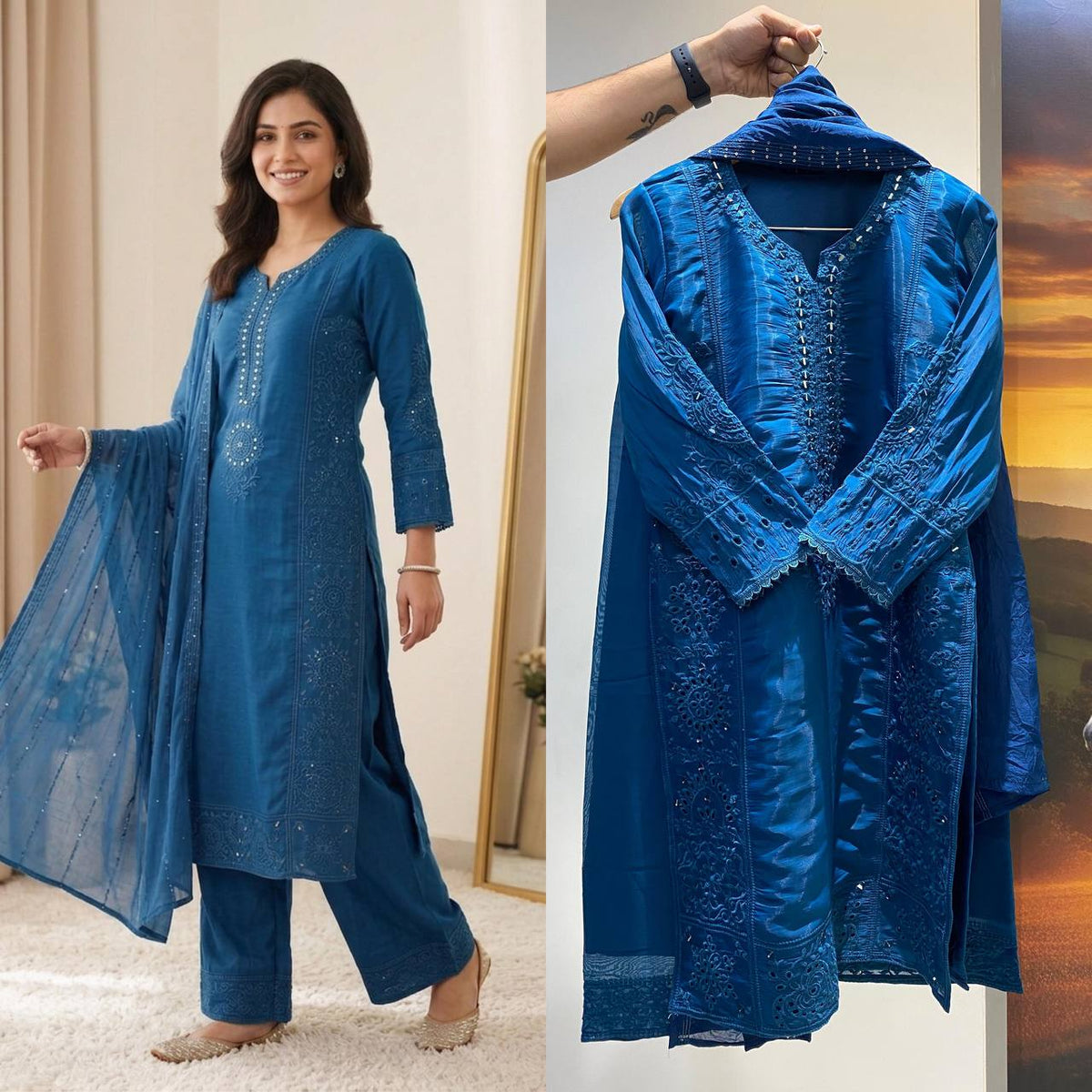 Premium Hand Mirror & Sequin Embroidered Kurta Set