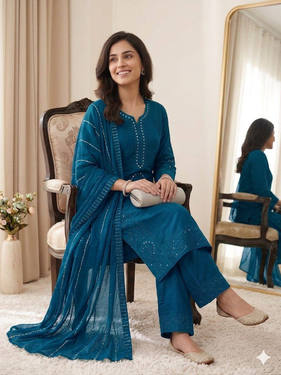 Premium Hand Mirror & Sequin Embroidered Kurta Set