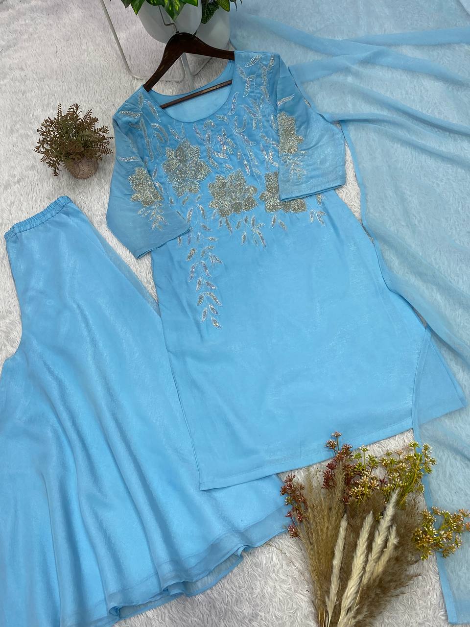 Royal Beaded Sequin Palazzo Suit Set With Designer Dupatta