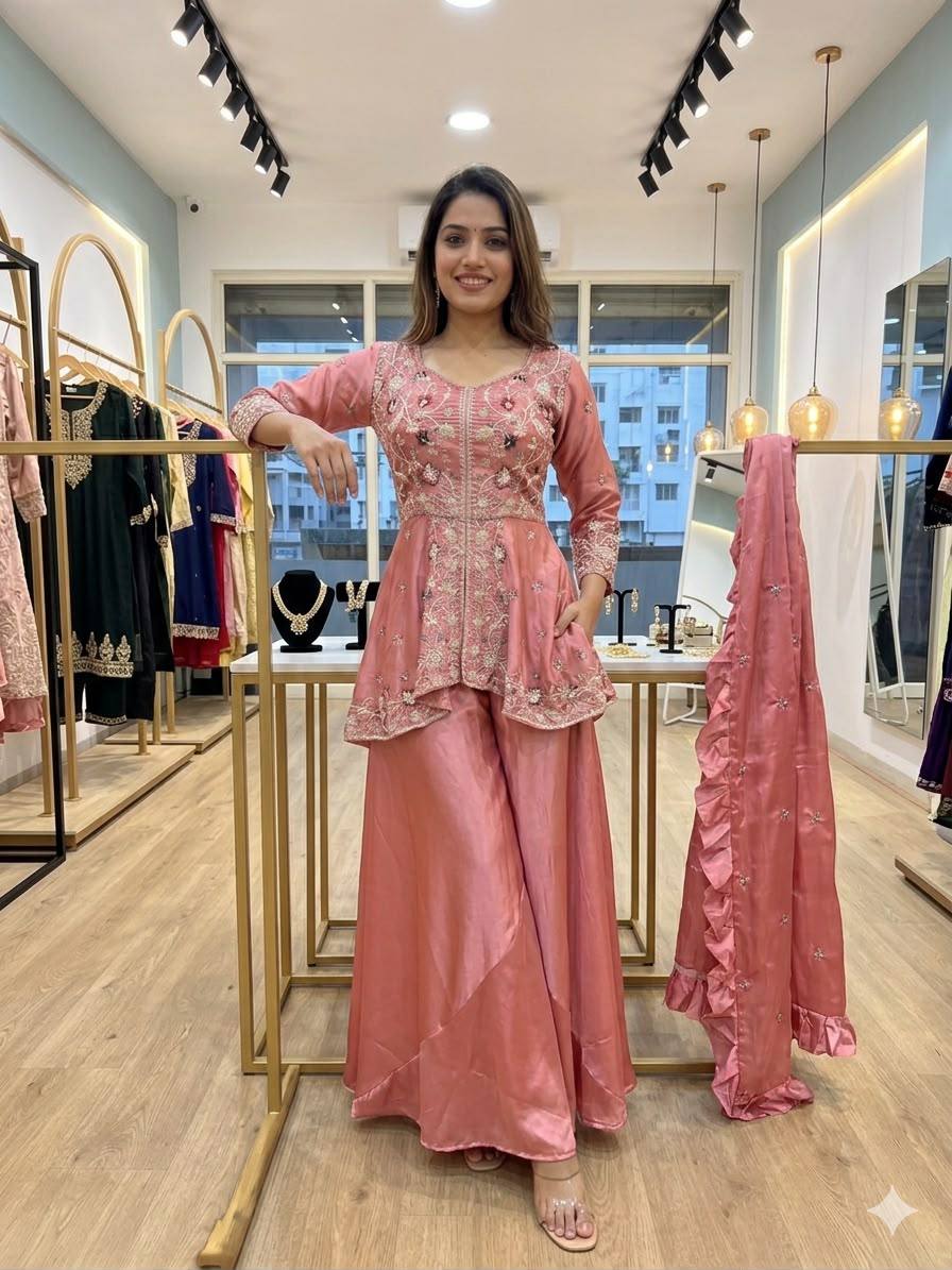 EXCLUSIVE AND TRENDY FOR WEDDING SEASON OUR SEQUENCE EMBROIDERED TOP, PLAZZO AND DUPATTA