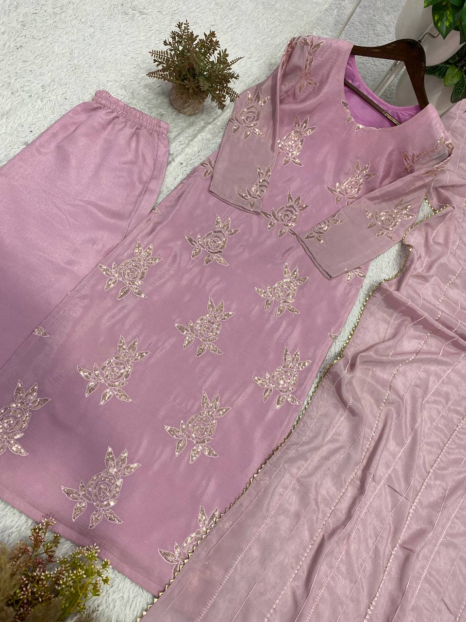 Designer Sequence Embroidered Top, Pant & Dupatta