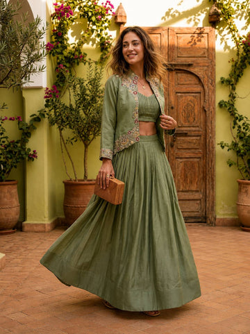 Designer Zazu Silk Embroidered Jacket Lehenga Set