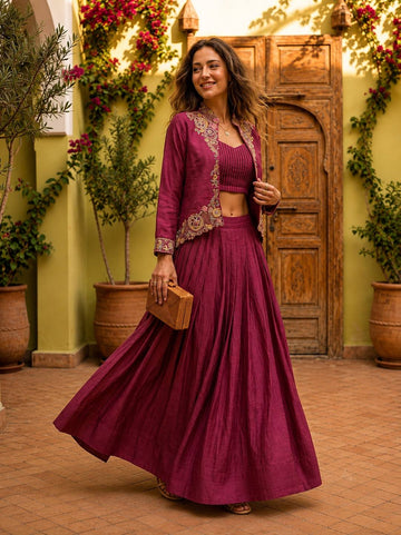 Designer Zazu Silk Embroidered Jacket Lehenga Set