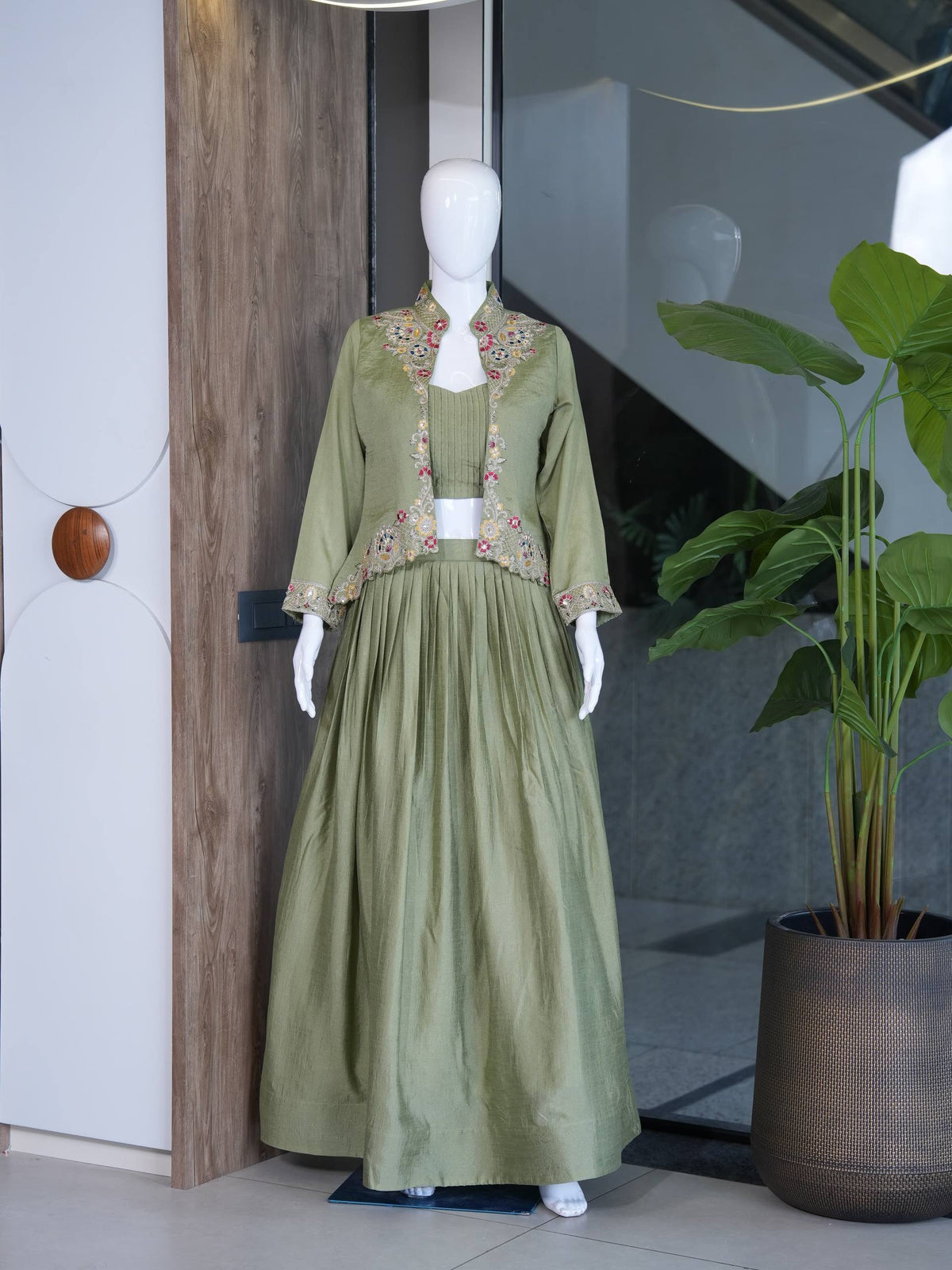 Designer Zazu Silk Embroidered Jacket Lehenga Set