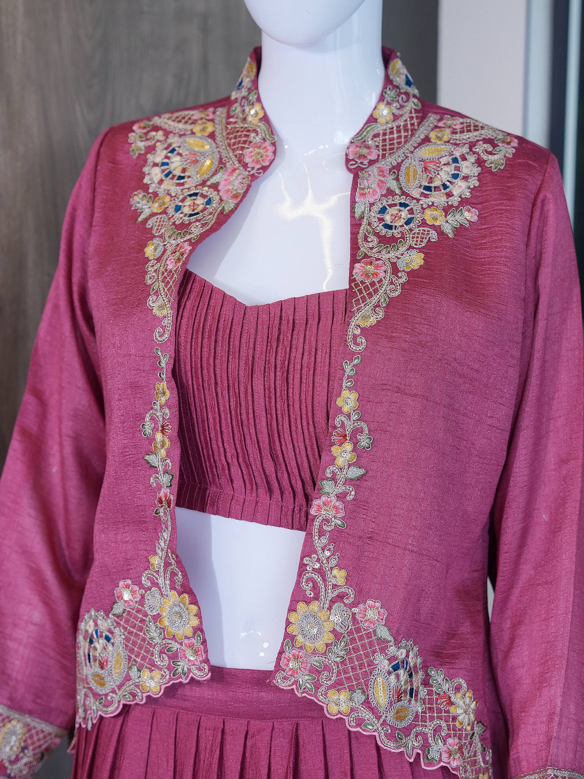 Designer Zazu Silk Embroidered Jacket Lehenga Set