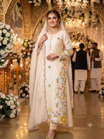 Embroidered & Heavily Worked Top With Matching Pant And Dupatta