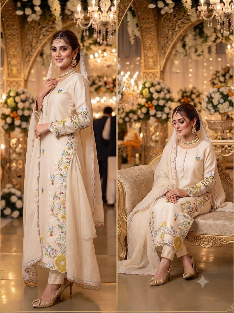 Embroidered & Heavily Worked Top With Matching Pant And Dupatta