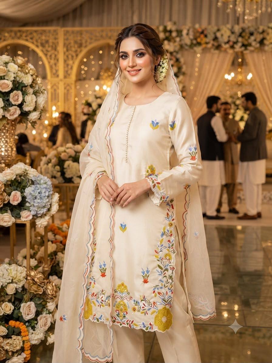 Embroidered & Heavily Worked Top With Matching Pant And Dupatta