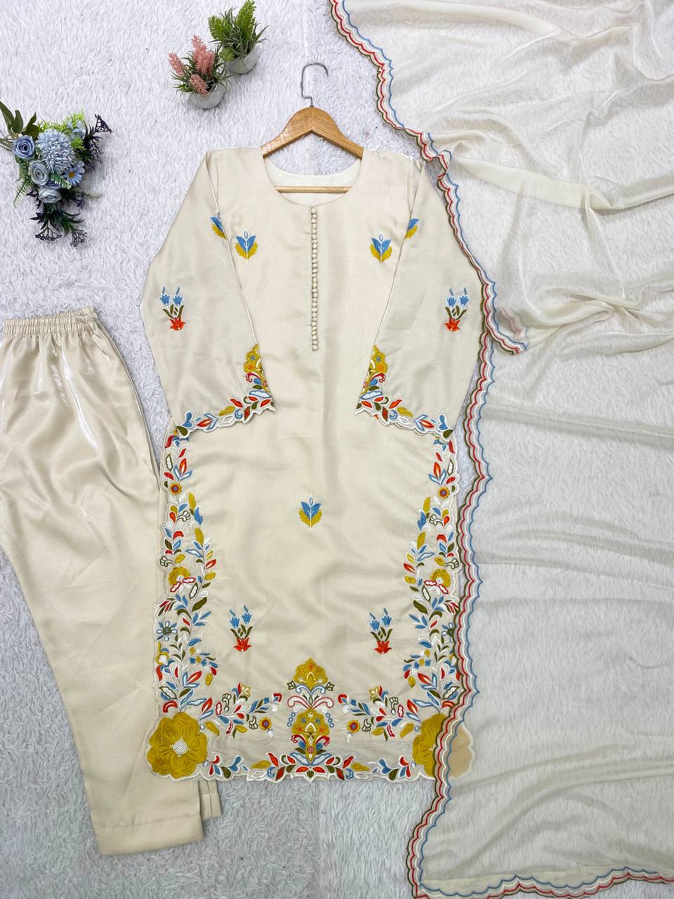 Embroidered & Heavily Worked Top With Matching Pant And Dupatta