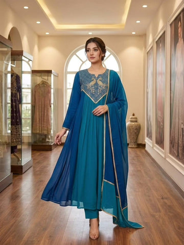 Festive Mul Chanderi Cording Sequin Embroidered Kurti Pant & Dupatta Set
