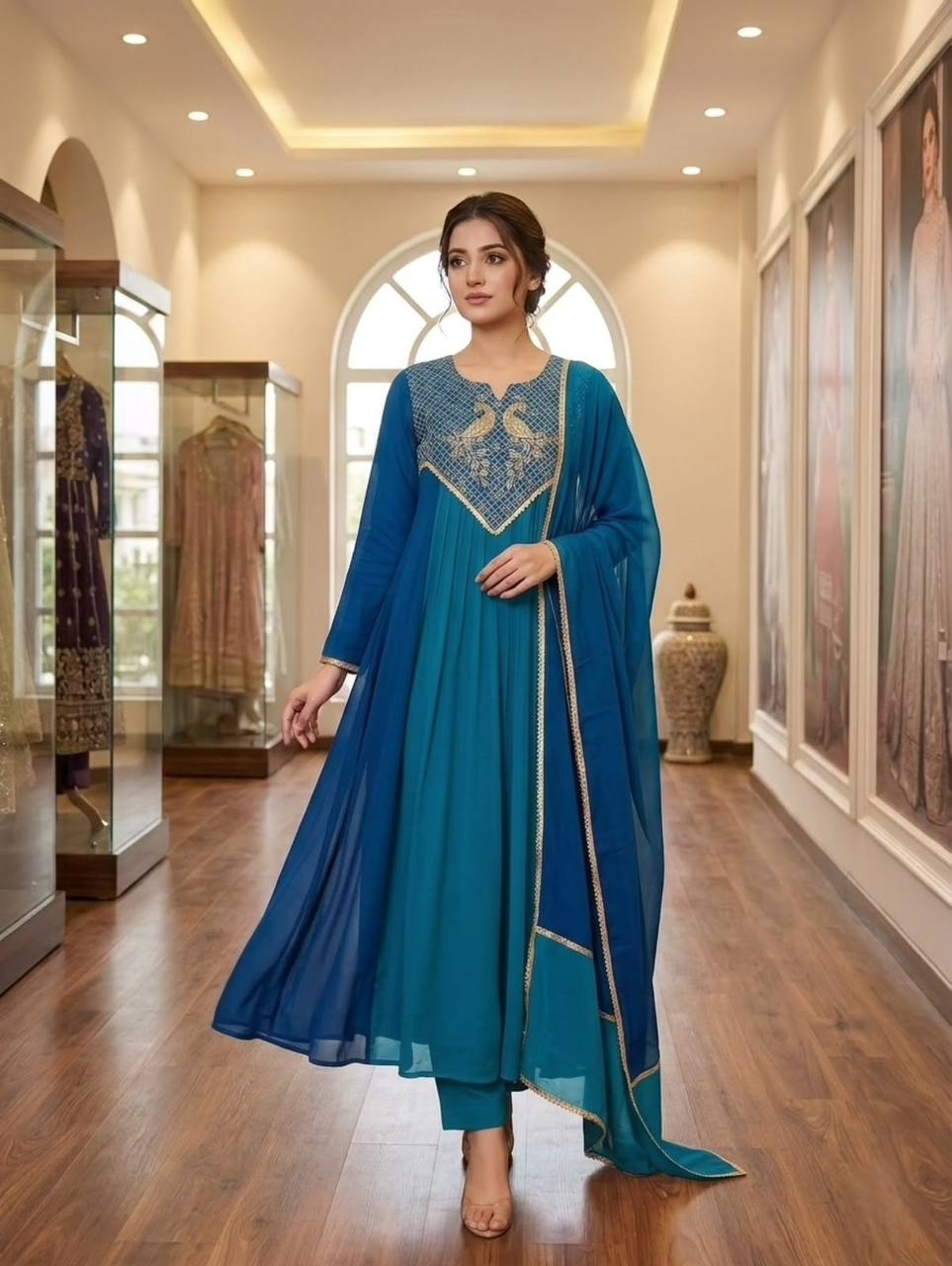 Festive Mul Chanderi Cording Sequin Embroidered Kurti Pant & Dupatta Set