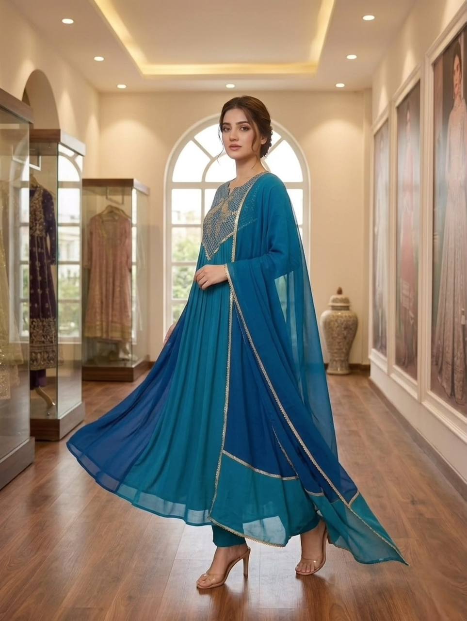 Festive Mul Chanderi Cording Sequin Embroidered Kurti Pant & Dupatta Set