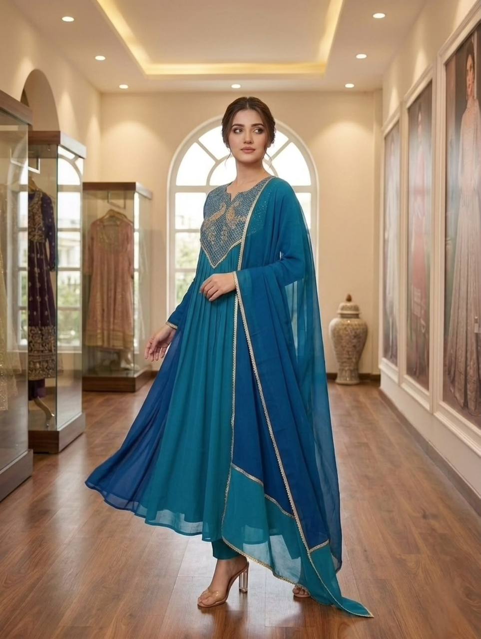 Festive Mul Chanderi Cording Sequin Embroidered Kurti Pant & Dupatta Set