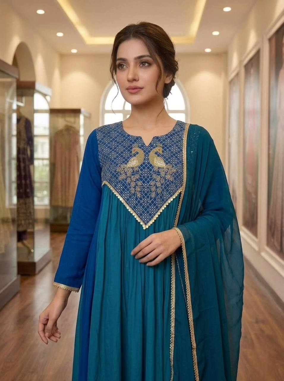 Festive Mul Chanderi Cording Sequin Embroidered Kurti Pant & Dupatta Set