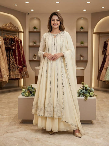 Glamorous Georgette Mirror & Sequin Work Gown Lehenga Set with Dupatta