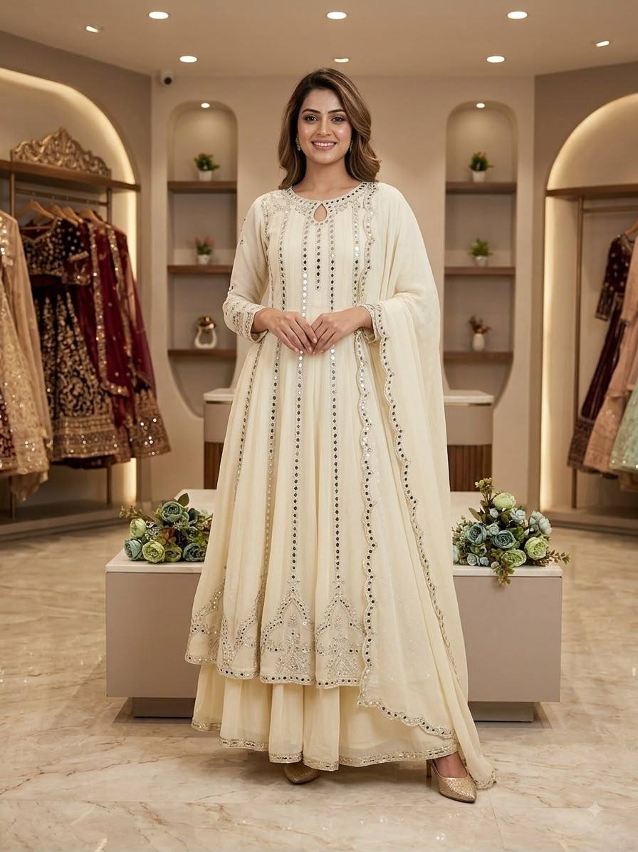 Glamorous Georgette Mirror & Sequin Work Gown Lehenga Set with Dupatta