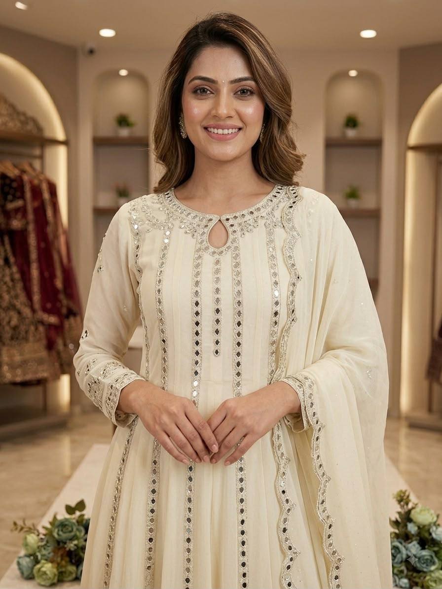 Glamorous Georgette Mirror & Sequin Work Gown Lehenga Set with Dupatta