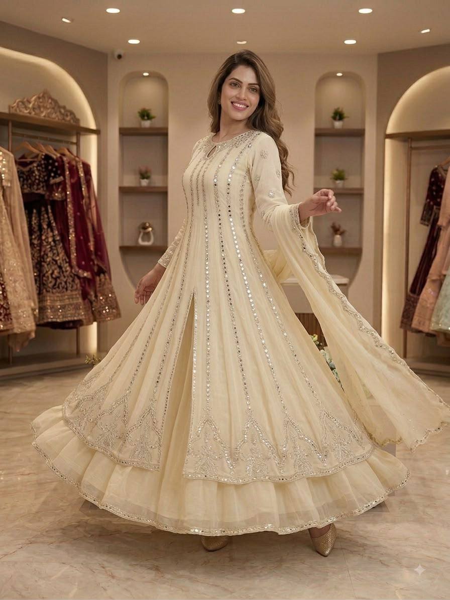 Glamorous Georgette Mirror & Sequin Work Gown Lehenga Set with Dupatta