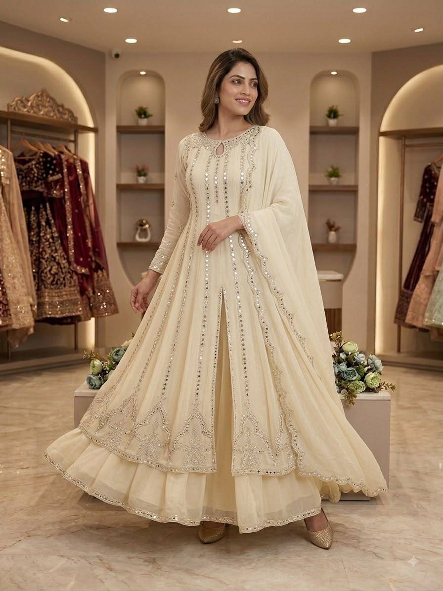 Glamorous Georgette Mirror & Sequin Work Gown Lehenga Set with Dupatta