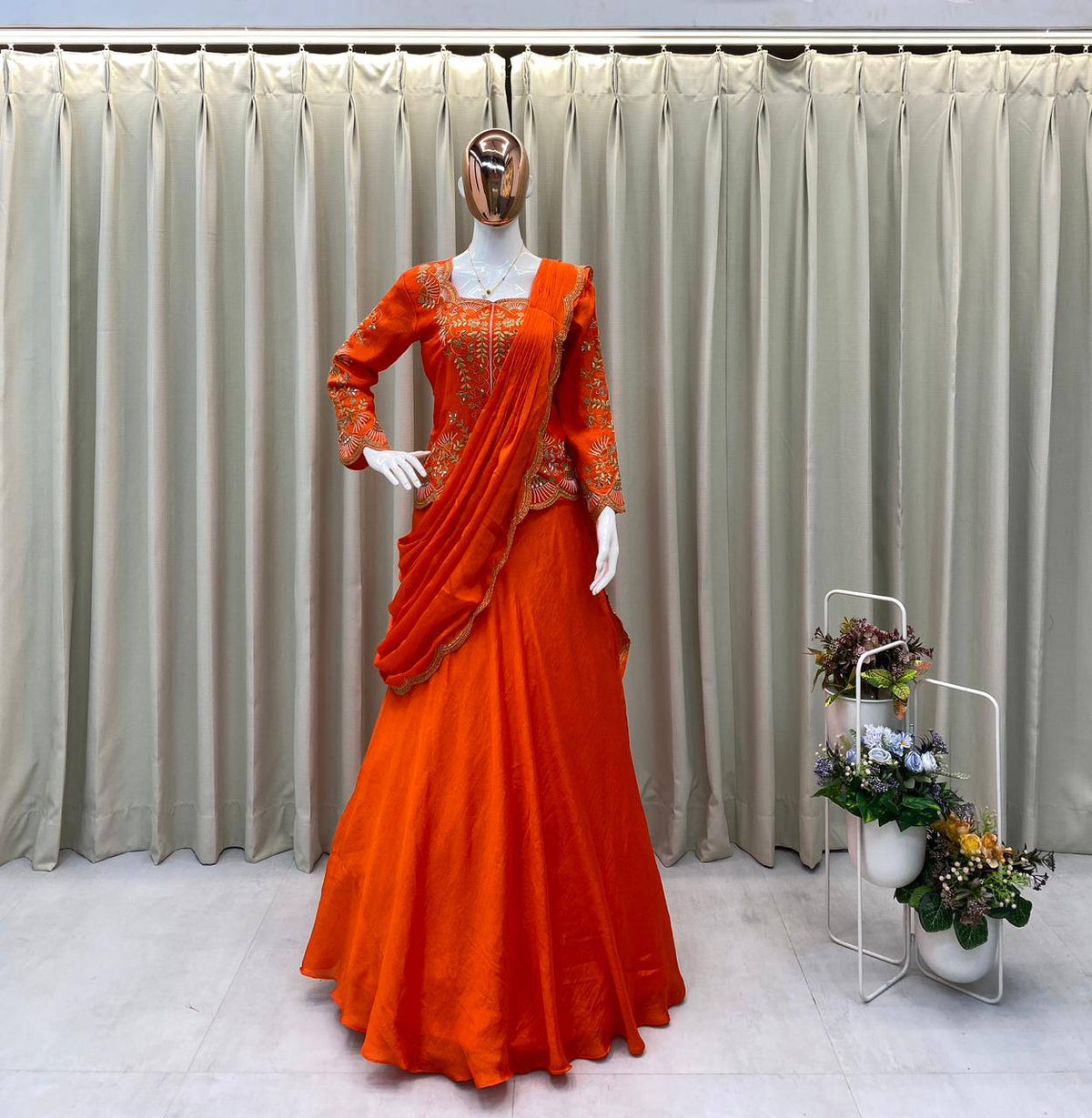 Designer Wear Mirror Work Lehenga Saree