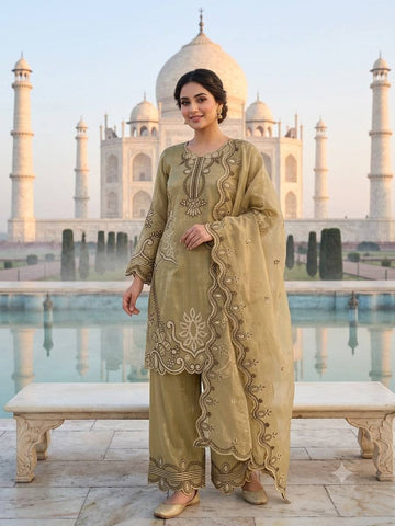 Elegant Beige Embroidered Crunchy Silk 3-Piece Salwar Suit with Cutwork Details