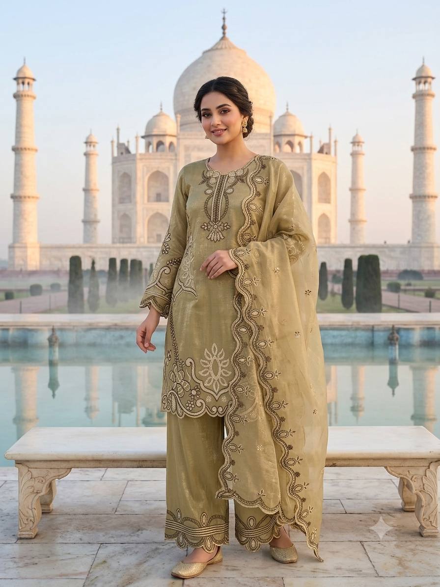 Elegant Beige Embroidered Crunchy Silk 3-Piece Salwar Suit with Cutwork Details
